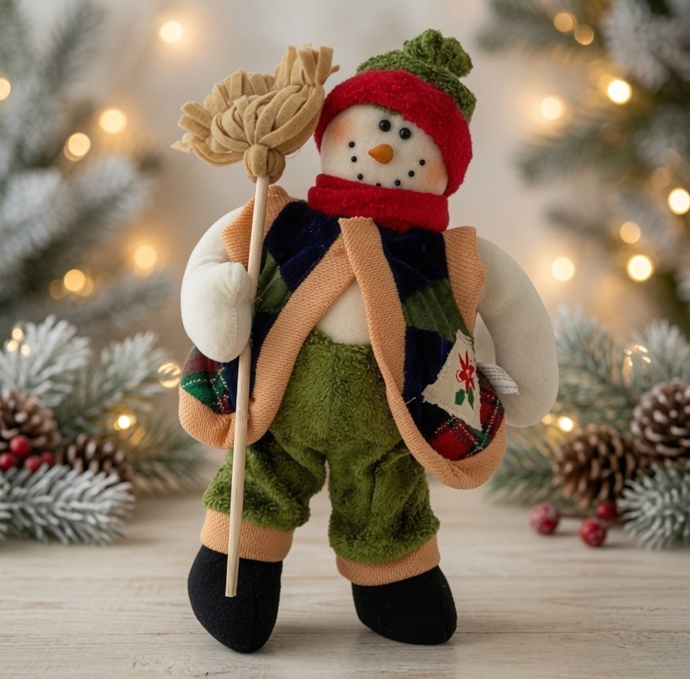 Vintage 15" Tall Plush Snowman Statue Handcrafted Christmas Holiday Decor VG